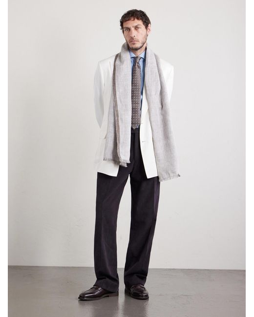 Brunello Cucinelli White Fringed Linen Scarf for men