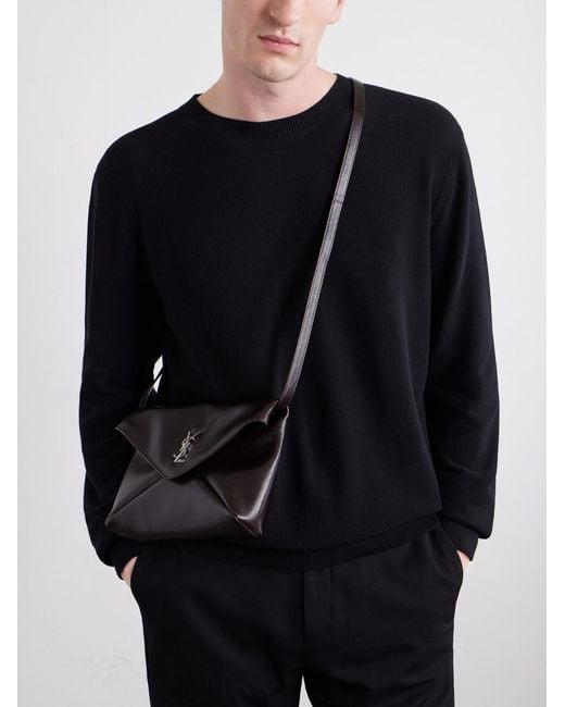 Saint Laurent Black Cassandre-embellished Full-grain Leather Messenger Bag for men