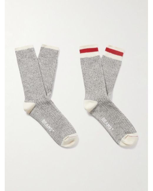 Beams Plus Rag Set aus zwei Paar Socken aus einer Baumwollmischung in Rippstrick mit Streifen in White für Herren
