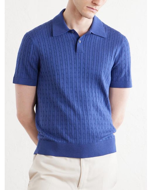 Dunhill Blue Cable-Knit Cotton And Mulberry Silk-Blend Polo Shirt for men