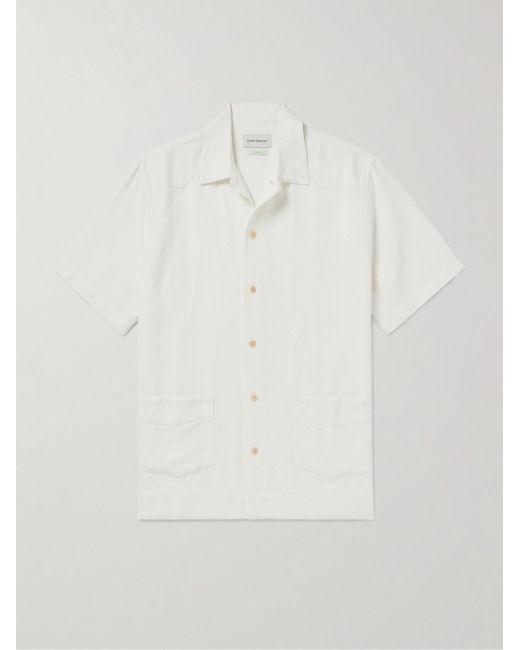 Camicia in misto lino e cotone jacquard con colletto aperto di Oliver Spencer in White da Uomo