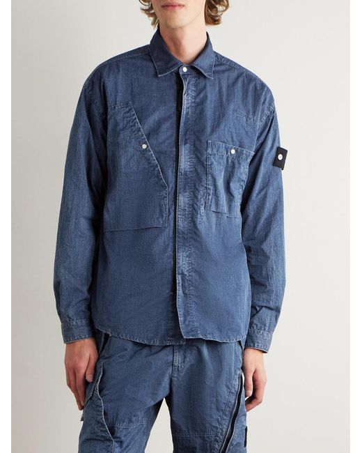 Stone Island Blue Hollow Denim Research Logo-Appliquéd Shell Overshirt for men