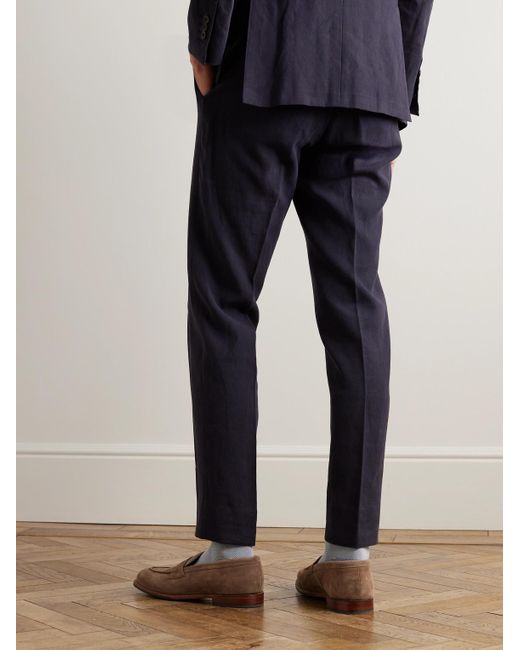 Thom Sweeney Blue Tapered Pleated Linen Suit Trousers for men