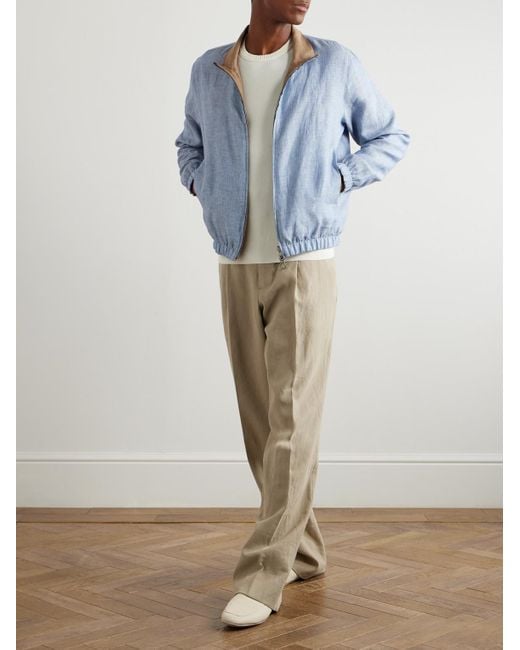 Loro Piana Blue Reversible Linen Bomber Jacket for men