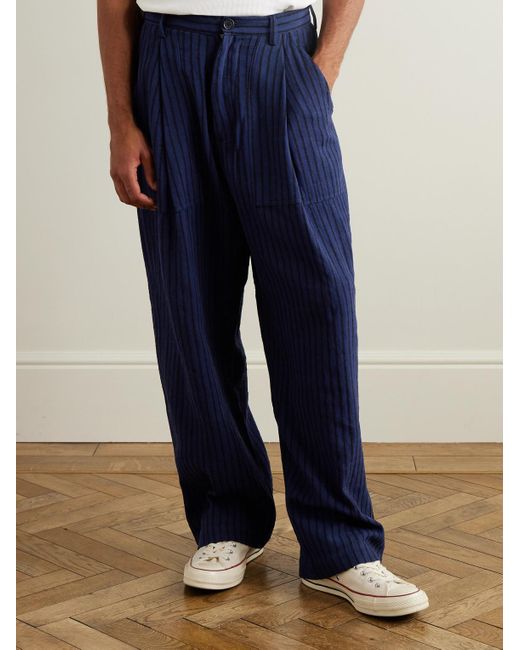 Kardo Blue Yuki Wide-Leg Pleated Striped Cotton Suit Trousers for men