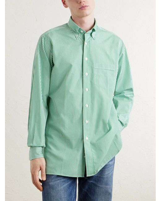 Drake's Green Button-Down Collar Striped Cotton-Poplin Shirt for men