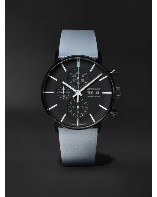 Junghans Black Form A Chronoscope Automatic 42mm Pvd-coated Stainless Steel And Leather Watch for men
