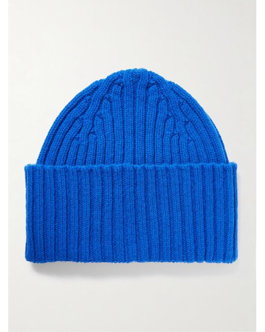Drake's Blue Him Ribbed Wool Beanie for men