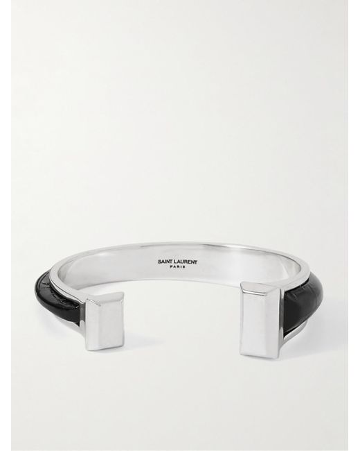 Saint Laurent Stud Asymmetric silberfarbene Armspange mit Details aus Leder in White für Herren