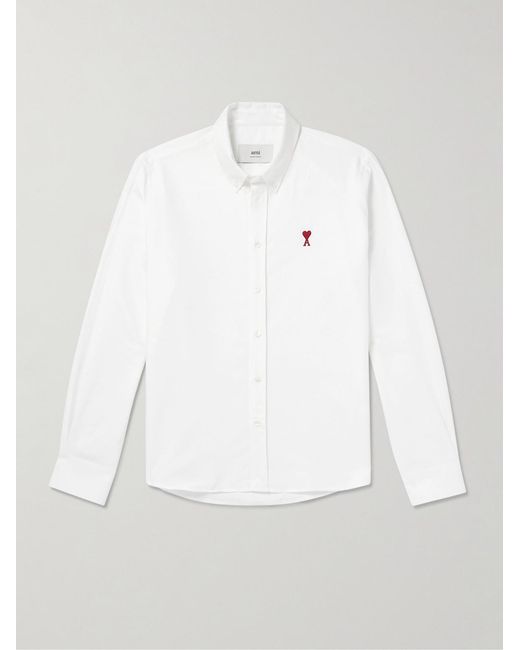AMI White Button-Down Collar Logo-Embroidered Cotton Oxford Shirt for men