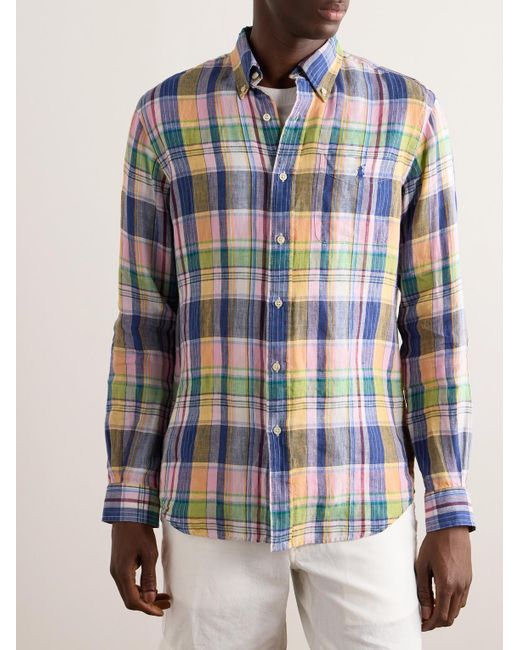 Polo Ralph Lauren Blue Button-down Collar Logo-embroidered Checked Linen Shirt for men
