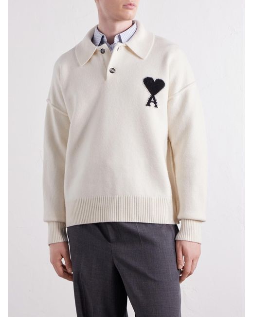 AMI Natural Logo-Intarsia Wool Polo Sweater for men