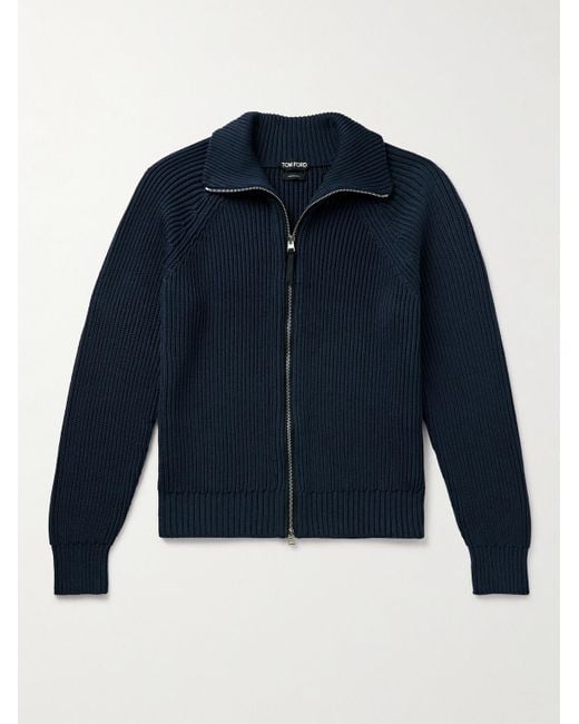 Tom Ford Blue Slim-Fit Ribbed Silk And Cotton-Blend Zip-Up Cardigan for men