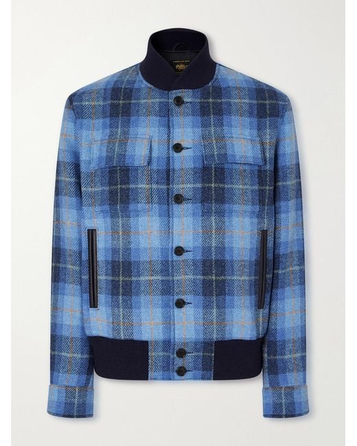 Golden Bear Blue Leather-Trimmed Wool Harris Tweed Bomber Jacket for men