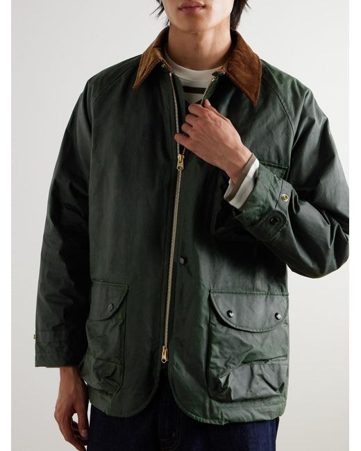 Drake's Green Corduroy-Trimmed Waxed-Cotton Jacket for men