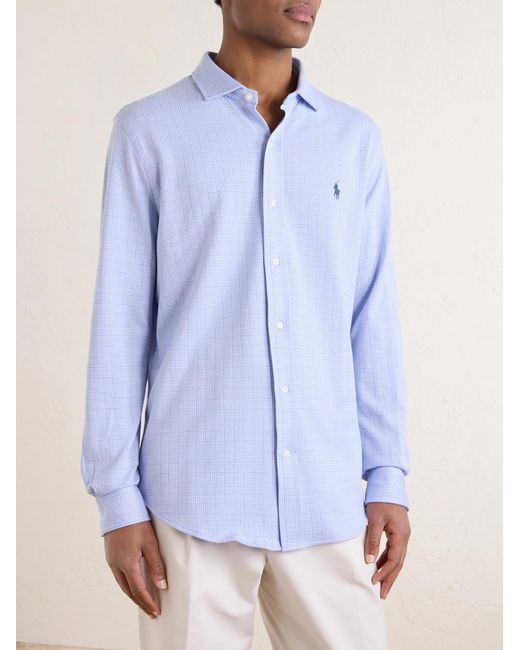 Polo Ralph Lauren Blue Logo-Embroidered Houndstooth Cotton-Jersey Shirt for men
