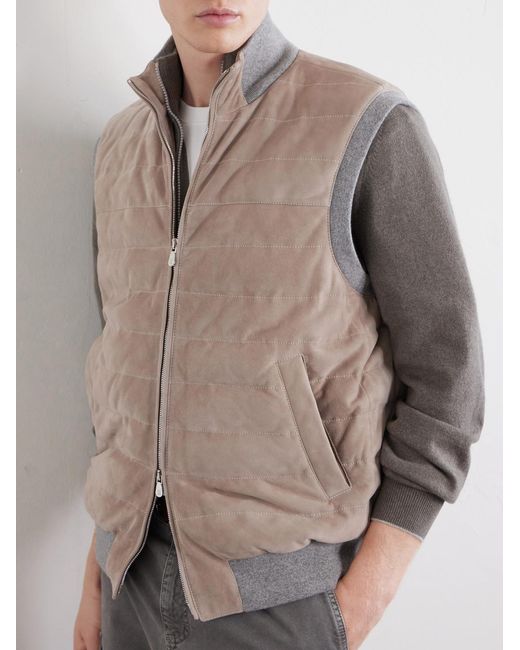 Brunello Cucinelli Natural Padded Cashmere-trimmed Quilted Suede Gilet for men
