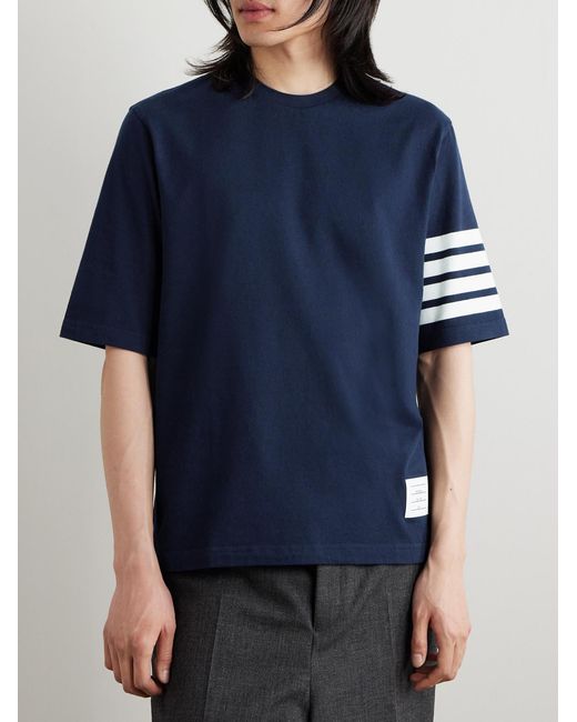 Thom Browne Blue Logo-Appliquéd Striped Cotton-Jersey T-Shirt for men
