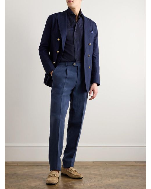 Brunello Cucinelli Blue Cotton And Linen-blend Jacquard Shirt for men