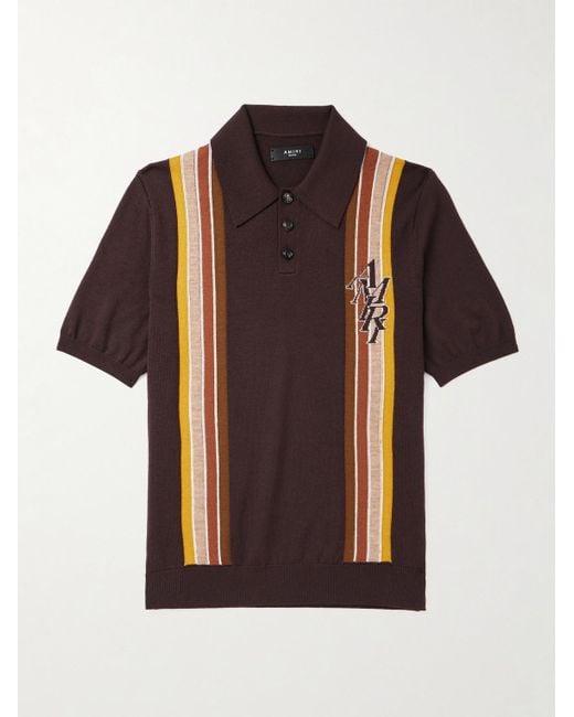 Amiri Brown Striped Wool And Cotton-blend Polo Shirt for men