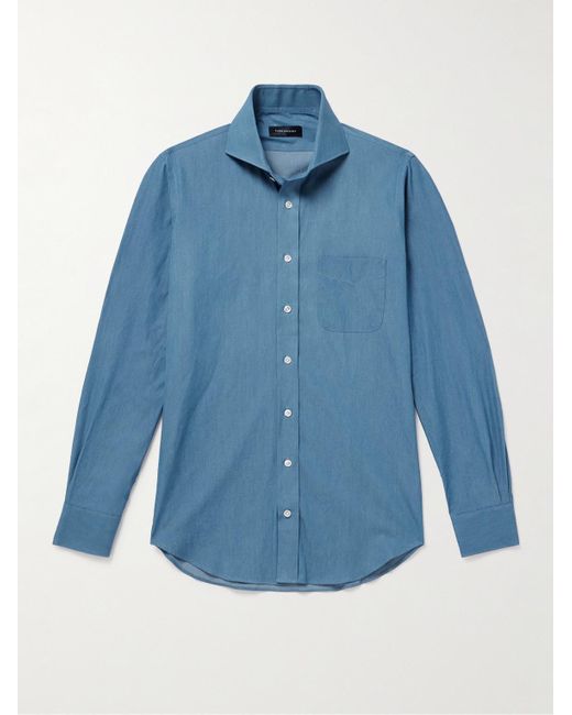 Thom Sweeney Blue Slim-Fit Cutaway-Collar Cotton-Chambray Shirt for men