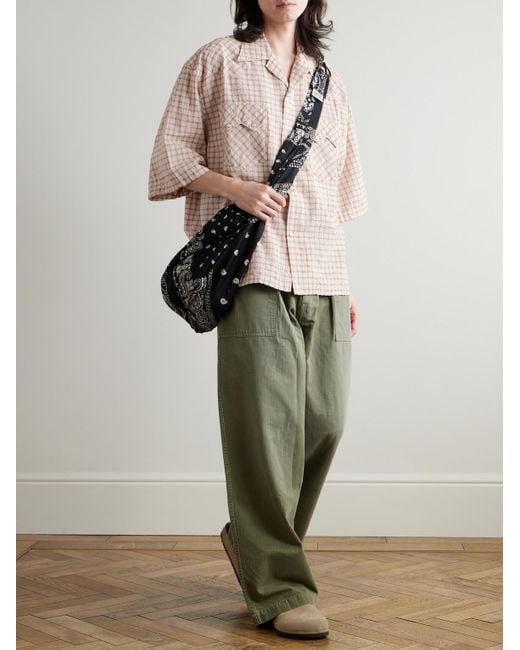 Kapital Pink Camp-collar Logo-appliquéd Checked Cotton And Linen-blend Seersucker Western Shirt for men