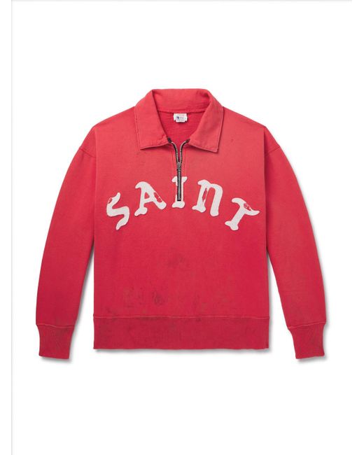 SAINT Mxxxxxx Red Distressed Logo-appliquéd Cotton-jersey Half-zip Sweatshirt for men