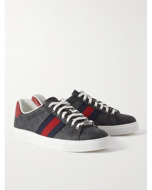Gucci Black Ace Leather And Webbing-trimmed Monogrammed Supreme Coated-canvas Sneakers for men