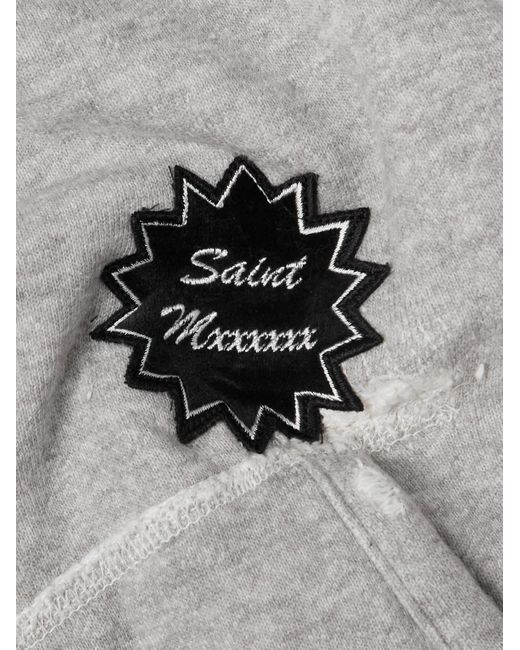 SAINT Mxxxxxx Gray Logo-appliquèd Distressed Cotton-jersey Hoodie for men