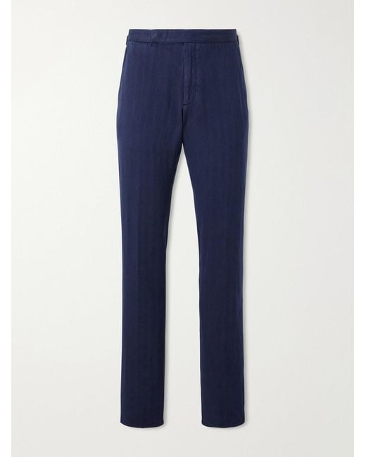 Ralph Lauren Blue Gregory Straight-leg Herringbone Cotton And Linen-blend Trousers for men