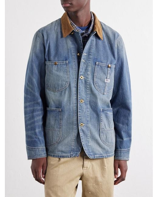 RRL Blue Stockton Corduroy-Trimmed Denim Jacket for men