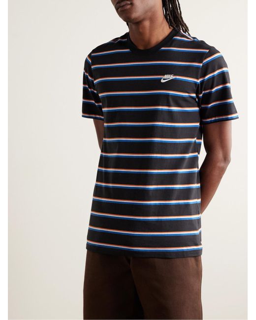 Nike Blue Sportswear Club Logo-embroidered Striped Cotton-jersey T-shirt for men