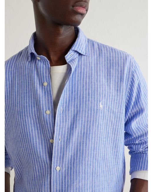 Polo Ralph Lauren Blue Striped Logo-Embroidered Cotton And Linen-Blend Seersucker Shirt for men
