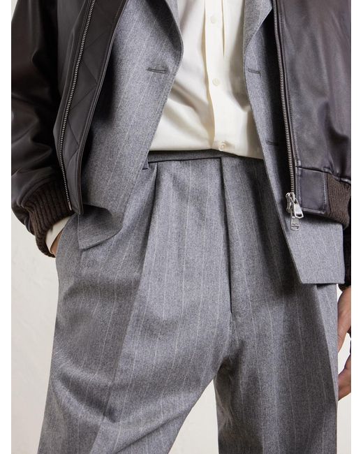 Kaptain Sunshine Gray Tapered Pleated Striped Wool-Flannel Suit Trousers for men