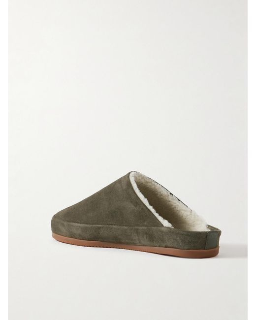 Shearling-Lined Suede Slippers di Mulo in Green da Uomo