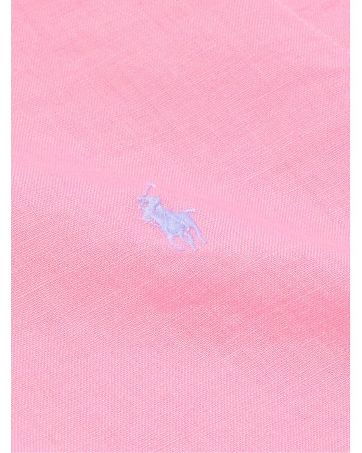 Camicia in lino con collo button-down e logo ricamato di Polo Ralph Lauren in Pink da Uomo