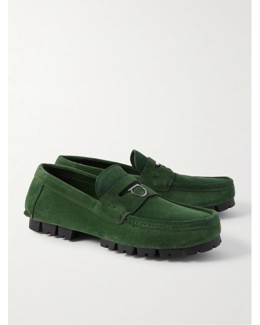 Ferragamo Green Embellished Suede Driving Shoes for men