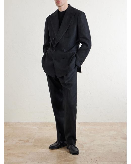 Saman Amel Blue Linen Double-breasted Suit Jacket for men