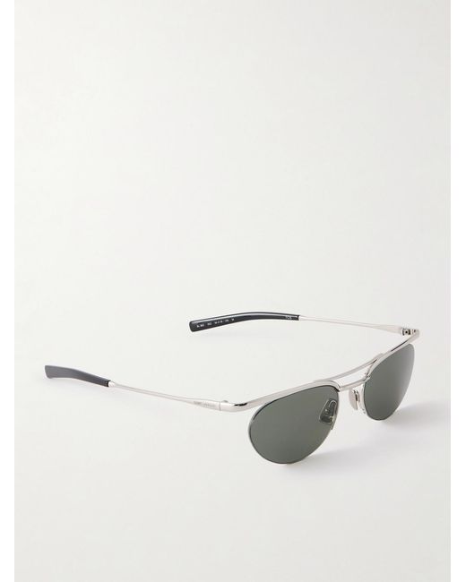 Saint Laurent Gray Oval-frame Silver-tone Sunglasses for men