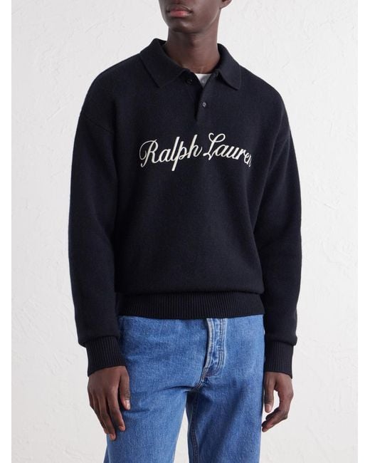 Polo Ralph Lauren Blue Logo-Embroidered Wool And Alpaca-Blend Polo Shirt for men