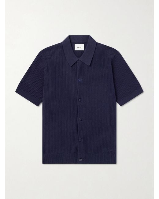 NN07 Blue Nolan 6695 Textured-Knit Organic Cotton Shirt for men