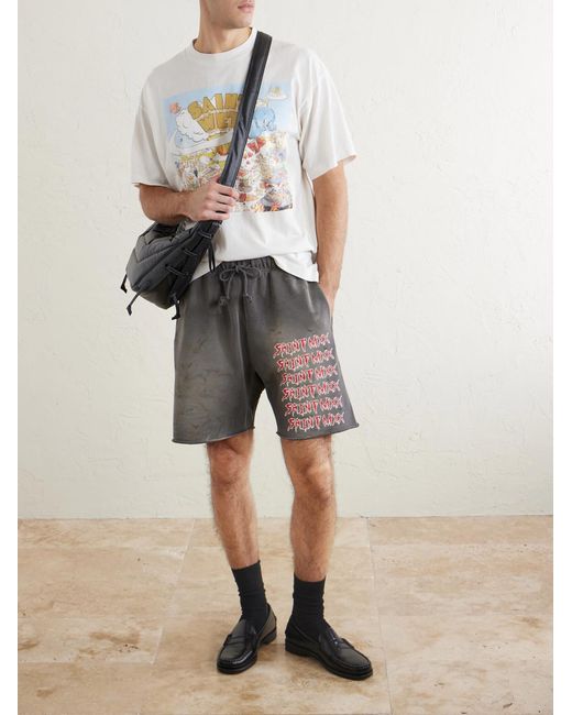 SAINT Mxxxxxx Gray Wide-Leg Logo-Print Distressed Cotton-Jersey Drawstring Shorts for men