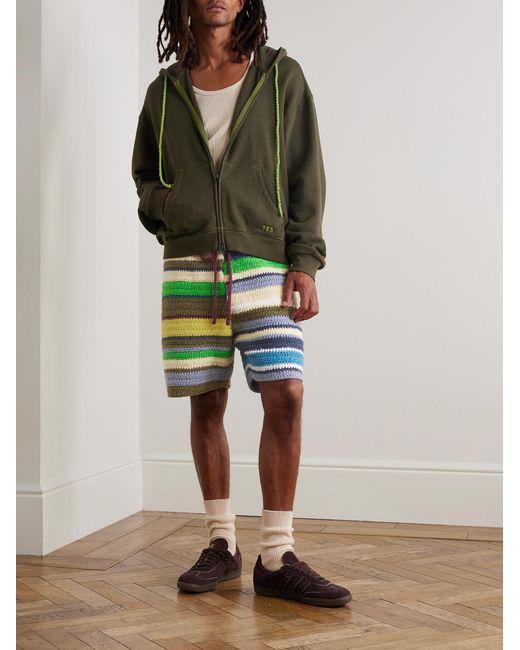 The Elder Statesman Green Straight-Leg Striped Crocheted Organic Cotton Drawstring Shorts for men