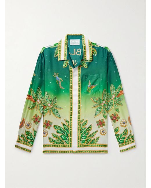 Casablancabrand Green Joyaux D'afrique Convertible-collar Logo-print Silk-twill Shirt for men