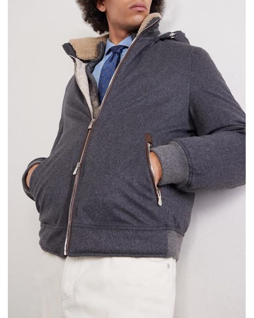 Brunello Cucinelli Blue Shearling-Trimmed Wool Hooded Down Jacket for men