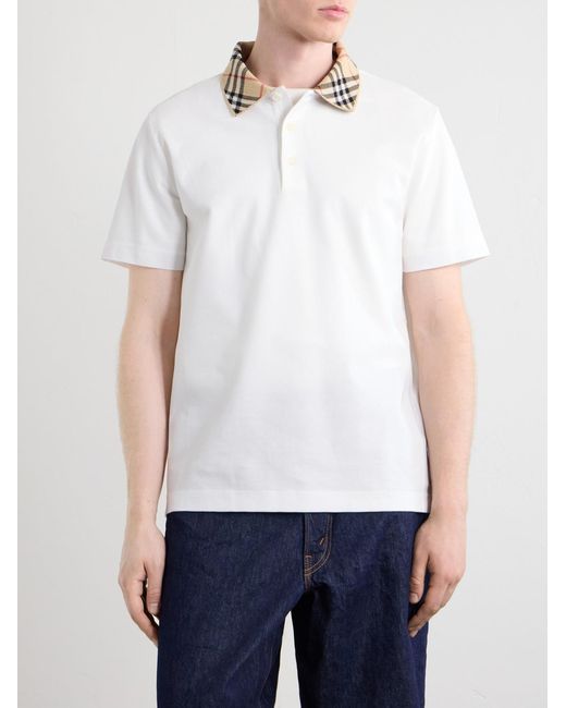 Burberry White Checked Cotton-Piqué Polo Shirt for men
