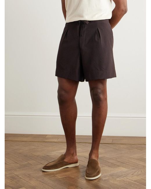 STÒFFA Black Straight-Leg Pleated Wool-Seersucker Shorts for men