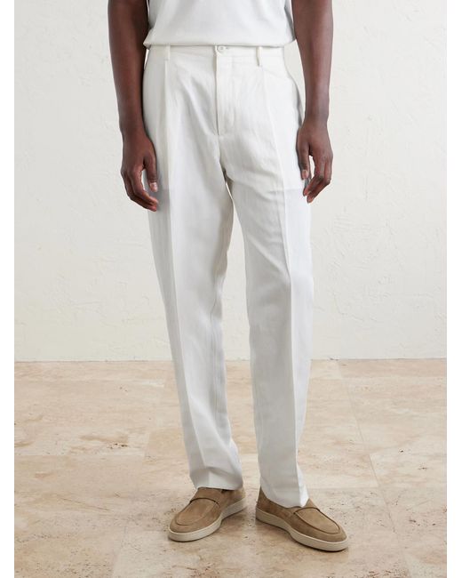 Canali White Mamhood Straight-Leg Pleated Linen And Silk-Blend Trousers for men