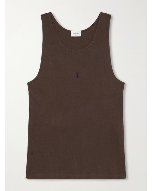 Saint Laurent Brown Logo-embroidered Ribbed Cotton Tank Top for men