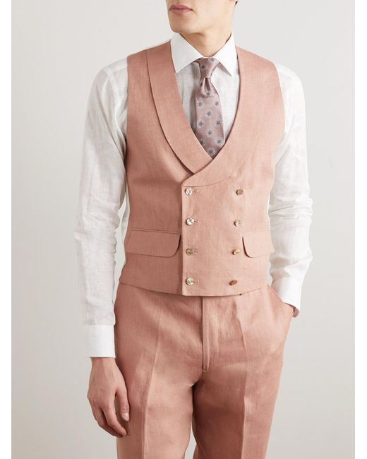 Favourbrook Pink Sidmouth Slim-Fit Shawl-Collar Double-Breasted Linen Waistcoat for men